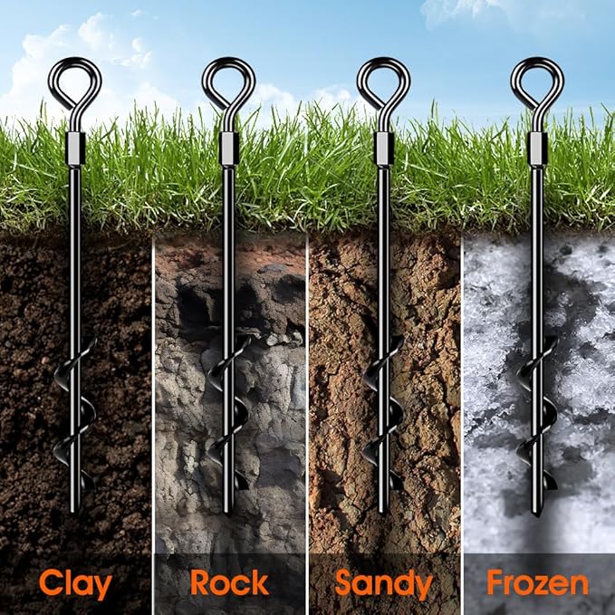 Ground Anchors 16 Pack Screw in Heavy Duty Ground Anchors,Tent Stakes for Camping Tent, Trampoline, Canopies, Carports, Sheds, Swing Sets, Black Anti-Rust Coating for High Wind (16 x 14“)