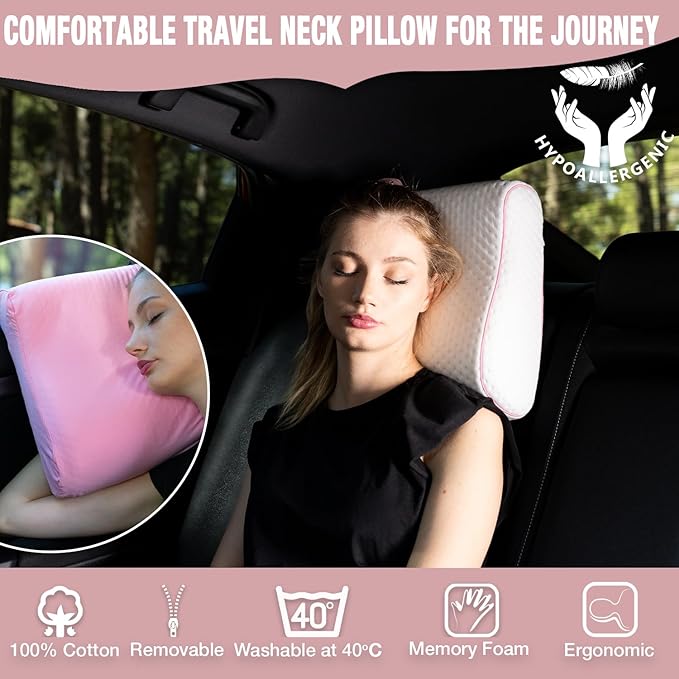 Memory Foam Pillow for Travel and Camping with Extra Cotton Cover – Easy to Carry Portable Bag (Pink Contour)