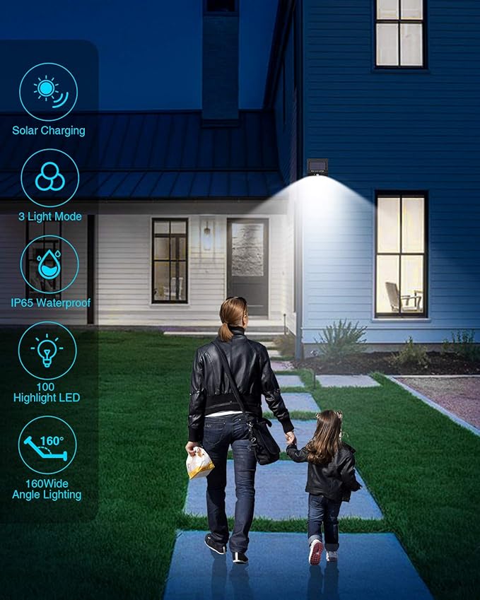 2 Pack Outdoor Solar Motion Lights - 3 Modes/100LED Wireless, IP65 Waterproof Solar Security Lights with Motion Sensor for Front Door, Backyard, Garage, Deck