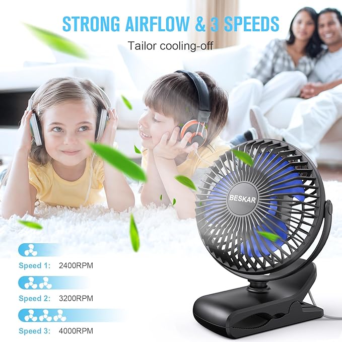 BESKAR USB Clip on Fan, Portable Small Fan with Cord Powered, 3 Speeds Strong Airflow, with Sturdy Clamp, Quiet Personal Desk Fan
