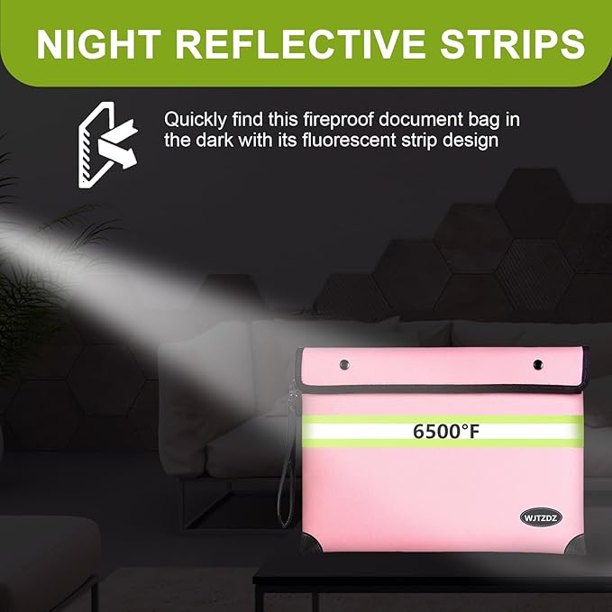 6500°F Fireproof Document Bag,Upgraded Fireproof/Waterproof Money Bag with Zipper/Reflective Strip,Storage Pouch for A4 Letter Size Document,Cash,Cell Phone,Passport