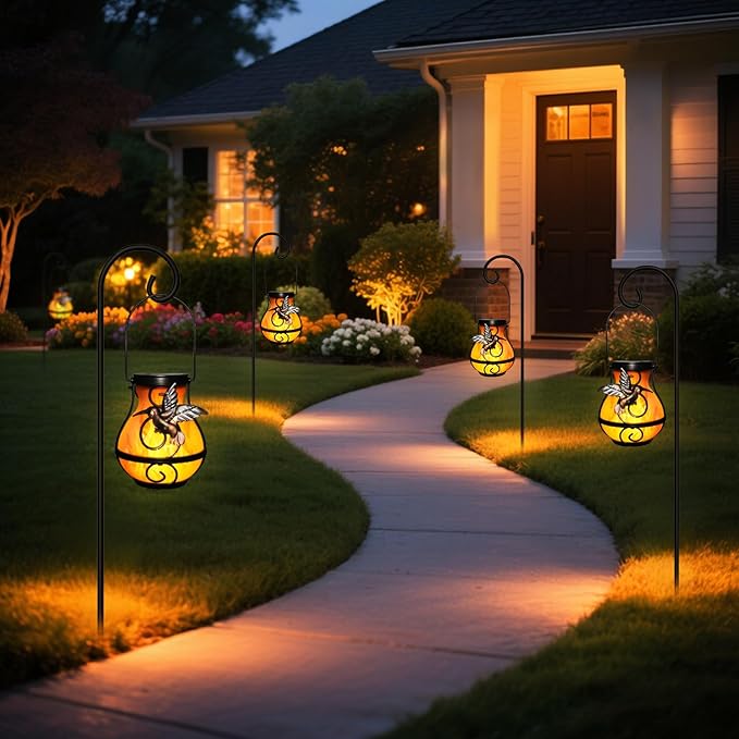 X-PREK 2 Pack Solar Lanterns Outdoor Waterproof Hummingbird Hanging Solar Lantern Flickering Flame Lights Solar Powered Lamps Garden Patio Porch Decoration