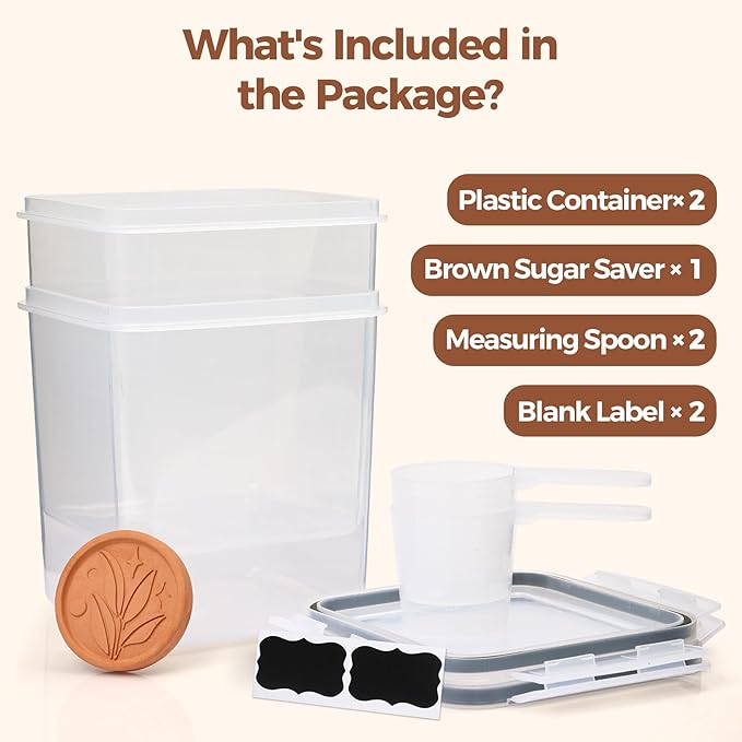 ComSaf Brown Sugar Container Set of 2 (2.5L/84Oz), Airtight Food Storage Containers with Lids and Terra Cotta Brown Sugar Saver, Plastic Canisters Sets for Kitchen, Pantry Organizers for Flour, Baking