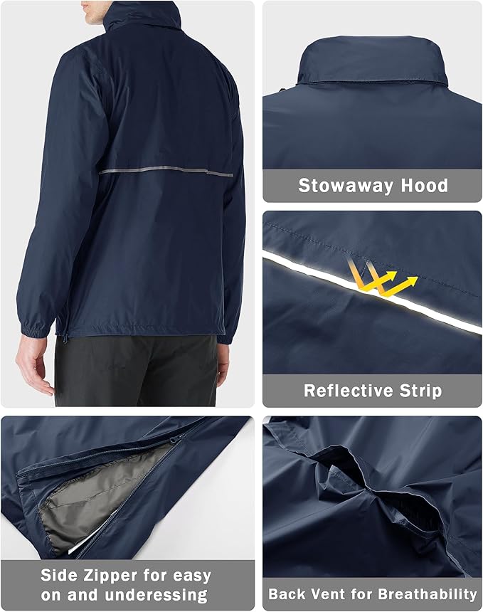 33,000ft Men's Pullover Rain Jacket Waterproof with Hood Lightweight Packable Raincoat Windbreaker for Golf Travel