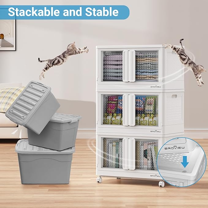 300Qt Stackable Storage Bins with Lids, 75Gal Closet Organizers and Storage Drawer, Plastic Collapsible Storage Bins with Doors, Heavy Duty Store Box Cabinet for Home Kitchen, 3Pack White