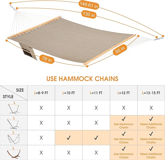 Lazy Daze Hammocks 11 FT Double Outside Hammock Quick Dry Olefin Fabric Hammock with Spreader Bar & Side Pocket for Outdoor Poolside Backyard 450 lbs Capacity, Khaki