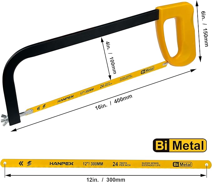 12in. High-Tension Hacksaw Frame with 24 TPI Bi-metal Blade, Hand Saw Suitable for Metal, wood, PVC, Carpentry
