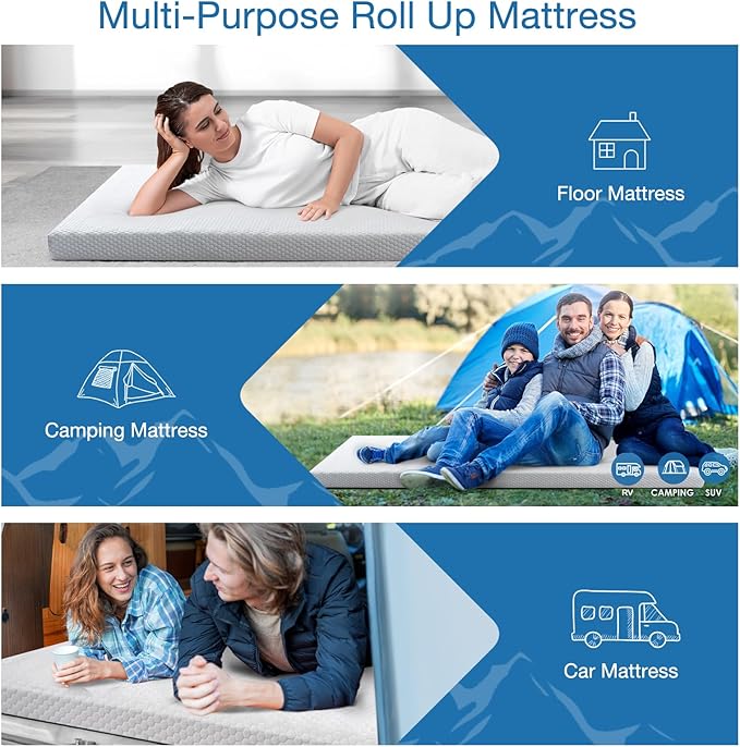 KingChii CertiPUR-US Memory Foam Camping Mattress, Portable Roll Up Travel Car Camping Mattress Sleeping Pad & Floor Mattress, Cot Mattress Guest Bed for Sleepover