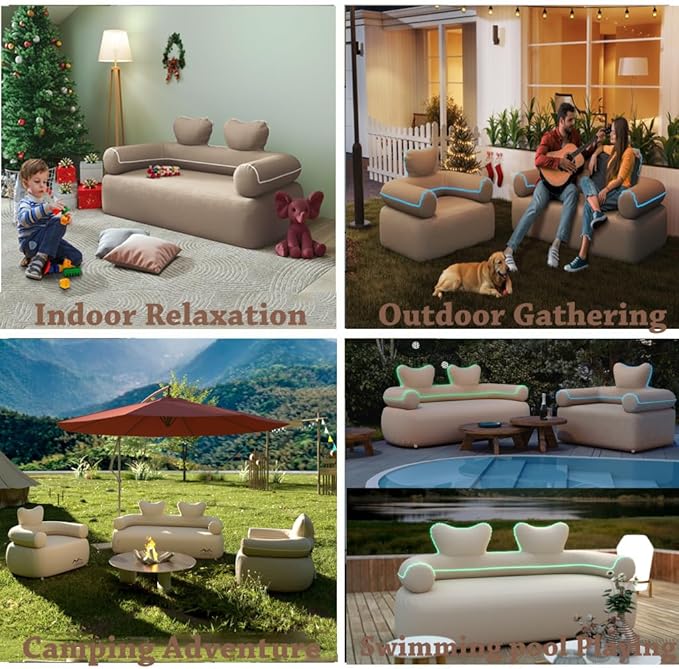 LUOOV Inflatable Couch Chairs Blow up Camp Sofa Camping Air Couch Sofa Inflatable Outdoor Furniture Chair Couch Lounger Air Sofa for Adult(Khaki Single)