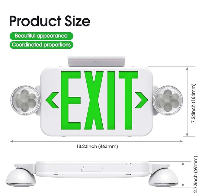 Green Led Exit Sign Emergency Light Combo Adjustable Two Head, Double Sided and Battery Backup Exit Light, Contractor Select, AC 120/277V (4 Pack)