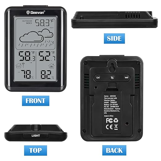Geevon Indoor Outdoor Thermometer Wireless 200ft/60m, Digital Temperature Humidity Monitor with Large Display, Hygrometer with Weather, 3 Channel, Mold/Dew/Heat, 10s Backlight
