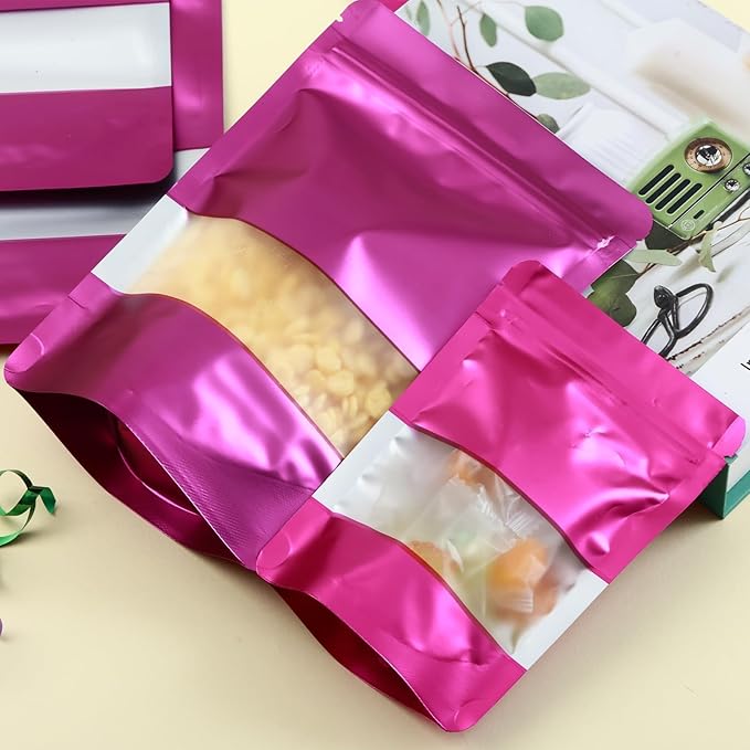 200 Pcs Mylar Bags for Food Storage 5x8 Mylar Bag with Window, Foil Stand Up Resealable Bags for Food, Smell Proof Bag Freeze Dried Candy Packaging Sealable Pouch Jewelry Bracelet Pouch