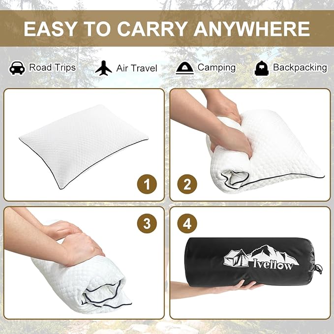 Ivellow Travel Pillow Cooling Camping Pillow for Sleeping Compressible Shredded Memory Foam Pillow Compact Firm Supportive Pillow for Adults Kids Outdoor Backpacking Hiking Essential Gear White L