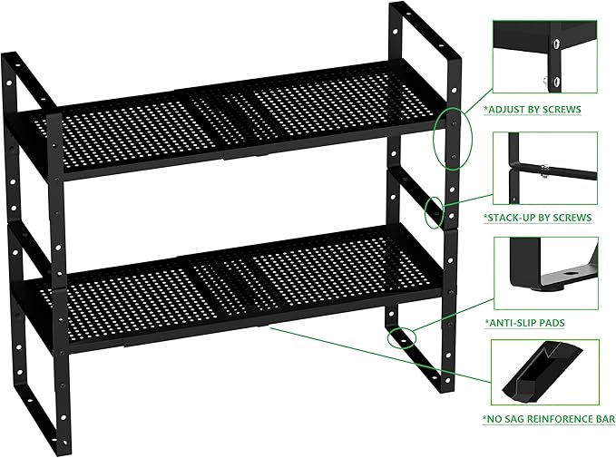 Expandable Spice Rack, Stackable Metal Pantry Storage Shelves Stand, Adjustable Height Cabinet Shelf Organizer Racks(1PACK/Black,Large)
