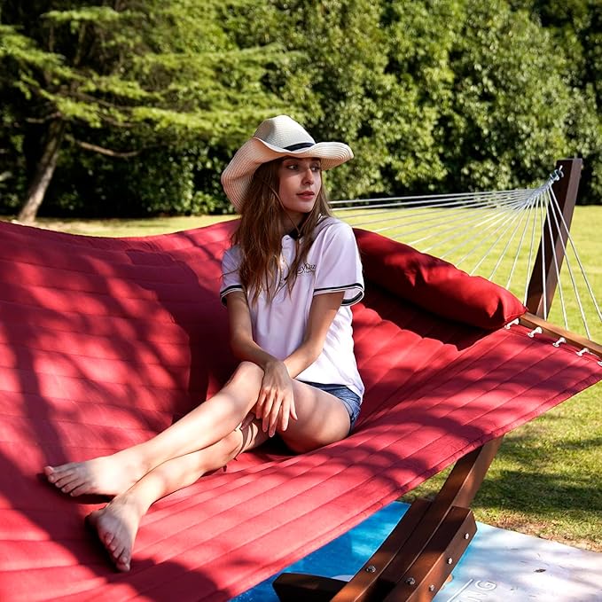 Lazy Daze Hammocks 12 FT Double Quilted Fabric Hammock with Spreader Bars and Detachable Pillow, 2 Person Hammock, 450 LBS Weight Capacity, Burgundy