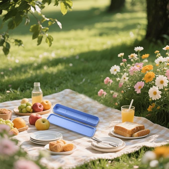 1Pcs Simple Utensil Holder with Lid, Reusable Utensils Wheat Straw Travel Cutlery Box,Portable Flatware Box Travel Tableware Storage Case, Simple Tableware Storage Boxs Case for Cutlery Kit (Blue)