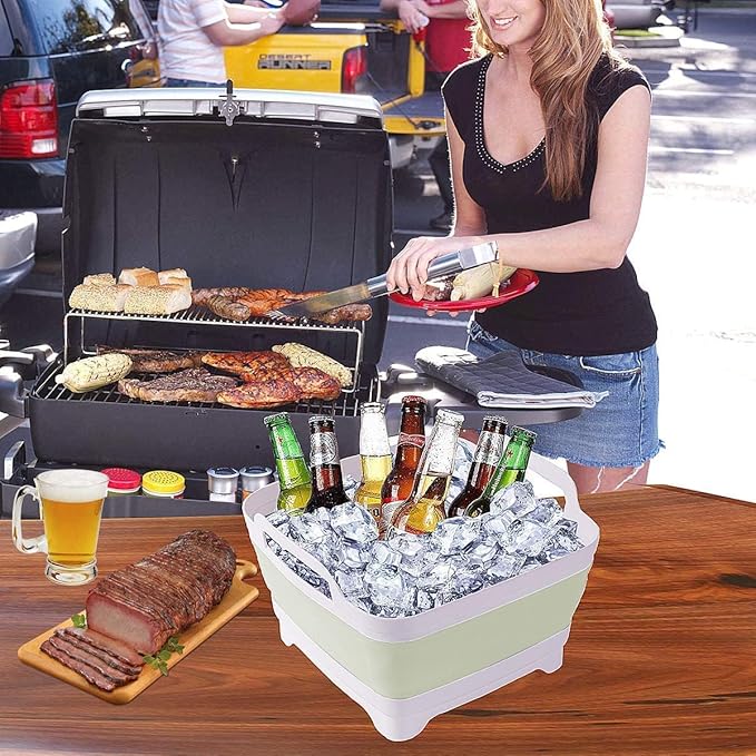 9L (2.4Gal) Dish Basin Collapsible with Drain Plug , Space Saveing Kitchen Storage Tray Dish Wash Basin, Portable Dish Tub, Foldable Dishpan for Camping ,RV,Green