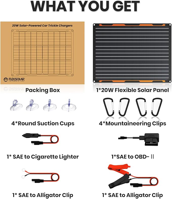FlexSolar 20W 12V Solar Panel Charger Kit with Built-in Charge Controller - Portable Waterproof Solar Trickle Charger Battery Maintainer, Cig Plug & Alligator Clips for Car, Boat, RV, Tractor