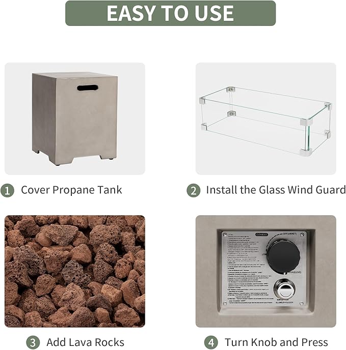 COSIEST 2-Piece Outdoor Propane Fire Table Set, Rectangle Concrete 56" x 28" Gray Fire Pit (CSA Certified, 50,000 BTU) w 20lb Tank Table, Wind Guard, Waterproof Cover for Garden, Porch, Backyard