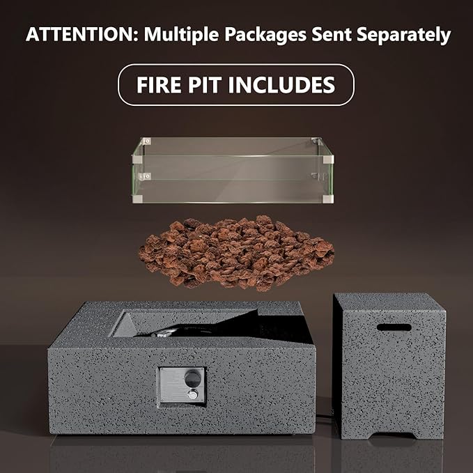 COSIEST Outdoor Propane Fire Pit Coffee Table w Square Faux Stone 35-inch Base, CSA Certified, 50,000 BTU Stainless Steel Burner, Free Lava Rocks and Rain Cover, Wind Guard, Tank Cover,Gray