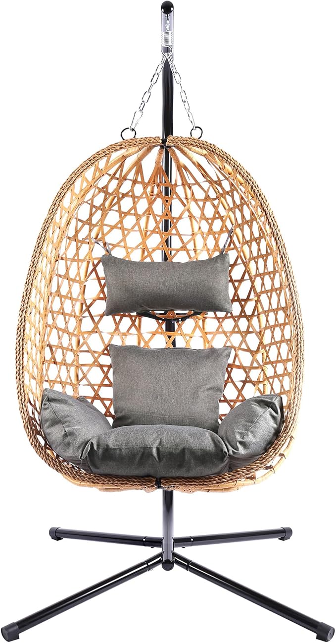 Hanging Egg Chair with Stand, Patio Wicker Swing Chair, Hammock Style with 350LBS Capacity for Bedroom, Balcony, or Garden (Yellow-Grey)
