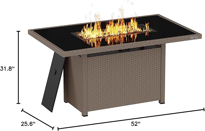 EAST OAK 52'' Propane Fire Pit Table, 60,000 BTU Gas Firepit W/Large Tempered Glass Tabletop, CSA Certified Outdoor Patio Fire Table with 9.2 lbs Glass Stone & Removable Lid, Chocolaty Coffee
