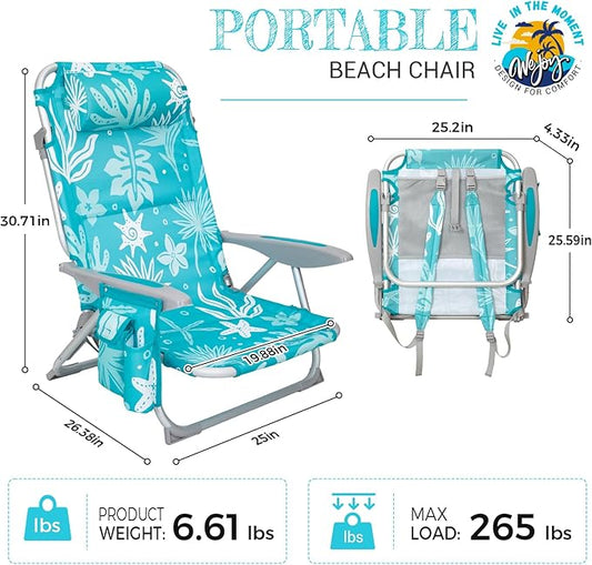 #WEJOY Folding Beach Chair for Adults, 4-Position Aluminum Lightweight Beach Chair, Low Sands Chairs with Shoulder Strap, Cup Holder and Padded Headrest, Supports 265lbs for Lawn