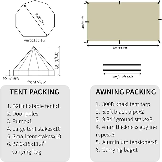 DANCHEL OUTDOOR B2I Inflatable Camping Tent 9.8ft, No Center Pole Lightweight Blow Up Bell Tent with Stove Jack, Skylight, Pump, Waterproof 300D Oxford Glamping Yurt for 1-3 Person Family