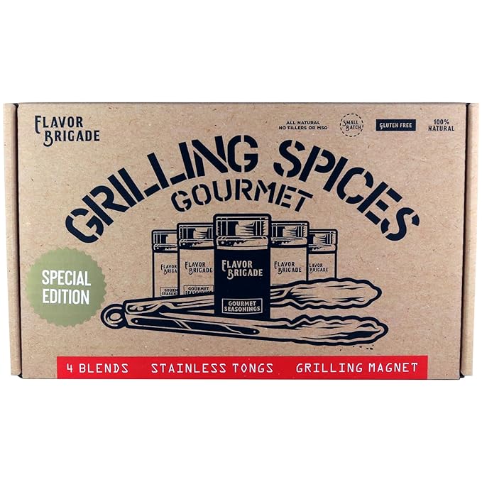 Flavor Brigade Gourmet Grilling Spices Gift Set for Guys, Dad, Men, BBQ Grill Accesories, Smoker, Seasonings, Rub, Steak, Burgers, Chicken, Fish & Stainless Tongs (4 Bags, 7 Piece Set)