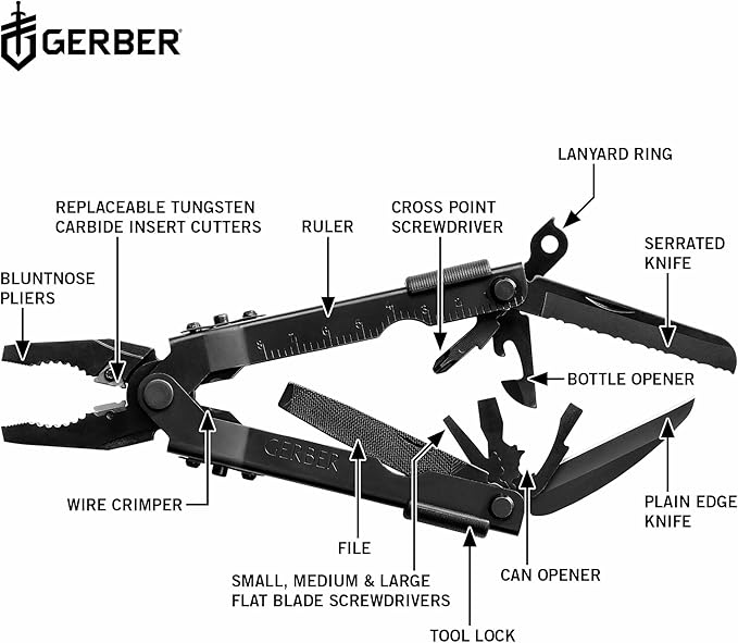Gerber Gear Multi-Plier 600 Blunt Nose Multitool with 14 Tools - Includes Knife, Pliers, Nylon Sheath & More - Made in USA - Black Tool