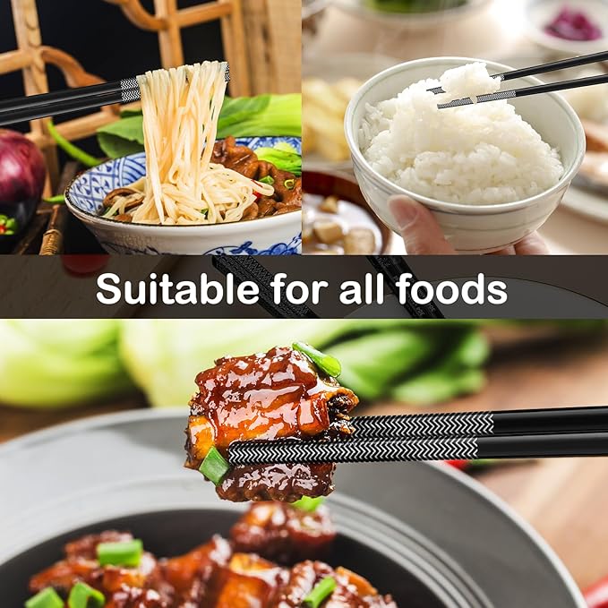 8 Pairs Metal Chopsticks Reusable Black Stainless Steel Chopsticks Set Laser Engraved Non-slip Japanese Korean Chinese Chopstick for Cooking Eating Dishwasher Safe 9.25" Chop Sticks Gift Set