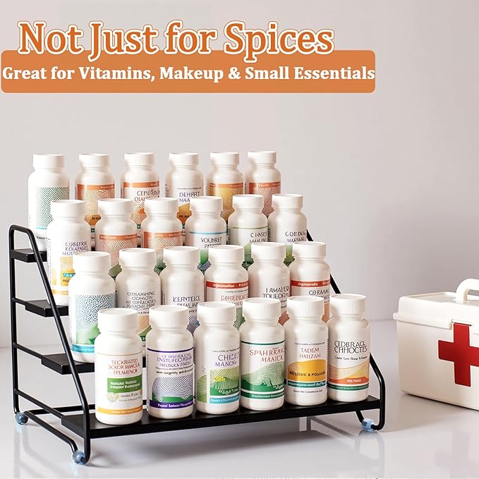 4 Tier Spice Rack Organizer for Cabinet, Step Adjustable Spice Shelf Seasoning Organizer with Non Slip Tiers, Expandable Metal Spice Rack for Kitchen Countertop, Pantry, Cupboard – Black