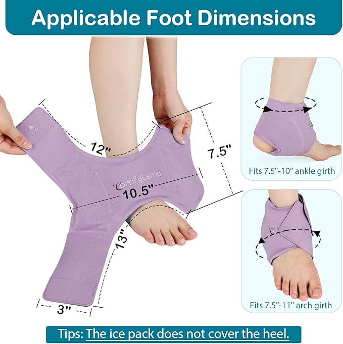 Comfytemp Ankle Ice Pack Wrap for Swelling, Plantar Fasciitis, Foot Pain Relief, Gel Packs for Injury Reusable, Hot Cold Compress for Achilles Tendonitis, Heel Spur, Sprain, Swelling, 2 Packs (Purple)