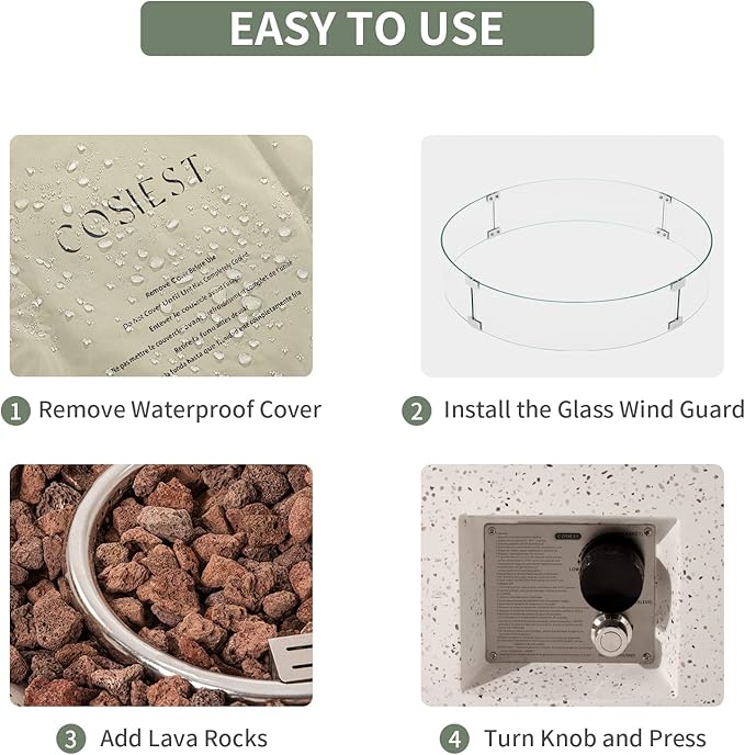 COSIEST Outdoor Propane Fire Pit Coffee Table w Beige 42 inch Round Base Patio Heater, CSA Certified, 50,000 BTU Stainless Steel Burner, Wind Guard, Tank Outside, Free Lava Rocks, Waterproof Cover