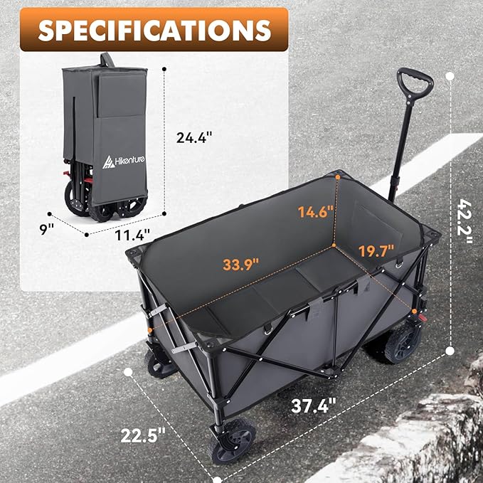 Hikenture Collapsible Wagon 330LBS Capacity, 200L Extra Large Wagons Carts Foldable, Heavy Duty Folding Wagon with All-Terrain Wheels, Utility Beach Wagons for Outdoor Garden