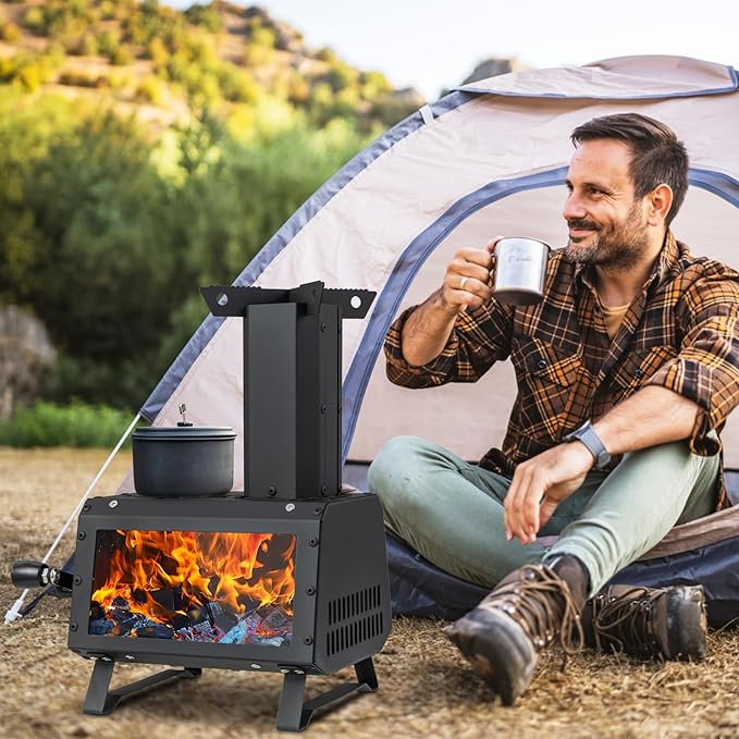 Camping Wood Stove, Portable Wood Burning Stove wtih X-shaped Pot Holder, Glass-Ceramic Window & Carbon Bridge, Tabletop Fire Pit Stove for Outdoor Cooking, Heating, Hunting & Ice Fishing