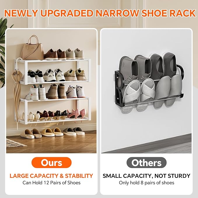 Homeiju Hanging Shoe Organizer,2 Pack Wall Mounted Shoe Rack Holds 12 Pairs,Space Saving Metal Wall Shoe Rack,Hanging Shoe Rack Shoe Holder for Small Space,Entryway,Closet,RV,Camper (White