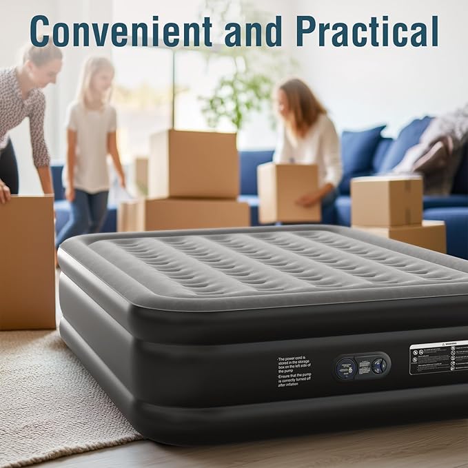 Air Mattress 18", Queen Air Mattress with Built in Pump, Inflatable Mattress with Soft Flocked Top and Portable Carry Bag Adjustable Blow Up Mattress for Guest, Indoor, Travel (Black)