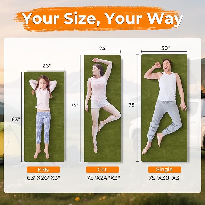 BDEUS Memory Foam Camping Mattress Pad 3inch Waterproof Roll Up Bed Sleeping Mat for Adults Portable Roll Up Mattress for Travel Guest Floor Bed Cot Mattress for Car, Tent