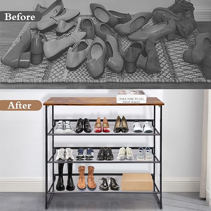 Garden 4 you 4-Tiers Shoe Storage Freestanding Organizer Modern 25.2 in Tilting Adjustable Shoe Rack for High Heels, Entryways, Hallways, Closets, Dormitory Rooms, Industrial, Brown