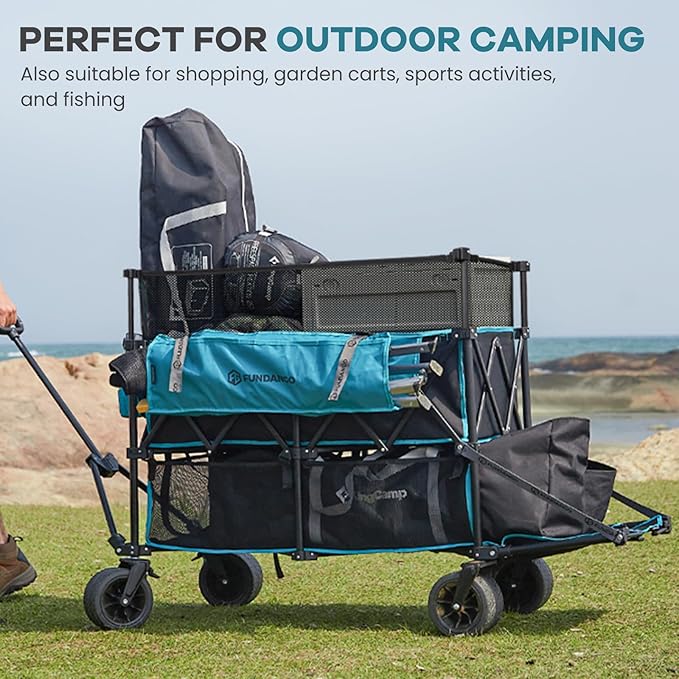 FUNDANGO Double Decker Wagon – 660L Extra High Extender Collapsible Wagons Carts Foldable Heavy Duty with Tailgate, Brakes & All-Terrain Big Wheels for Sports, Camping, Grocery Shopping, Blue