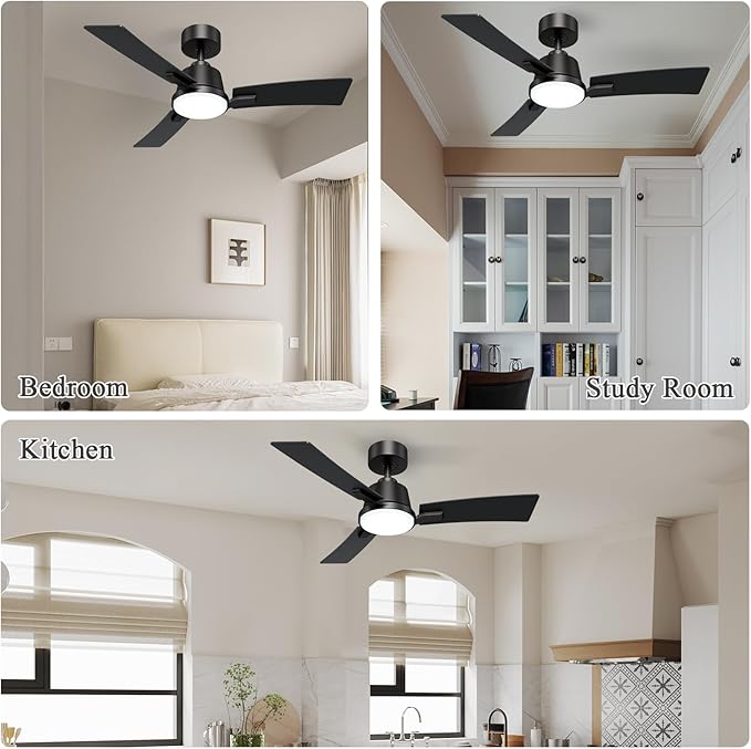 42 Inch Ceiling Fans with Lights,Low Profile Ceiling Fan,Modern Flush Mount,Reversible 6 Speeds,3CCT Dimmable Noiseless Black Ceiling Fans for Living Room,Bedroom and Patio,ETL Listed