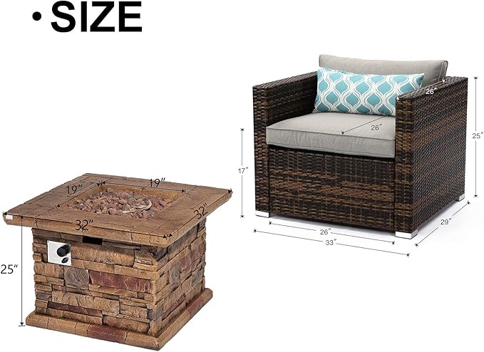COSIEST 5-Piece Faux Brown Propane Fire Pit Outdoor Furniture Brown Chairs, Warm Gray Wicker Thick Cushion Sofa w 32-inch Square Propane Fire Table (50,000 BTU) for Garden, Pool, Backyard