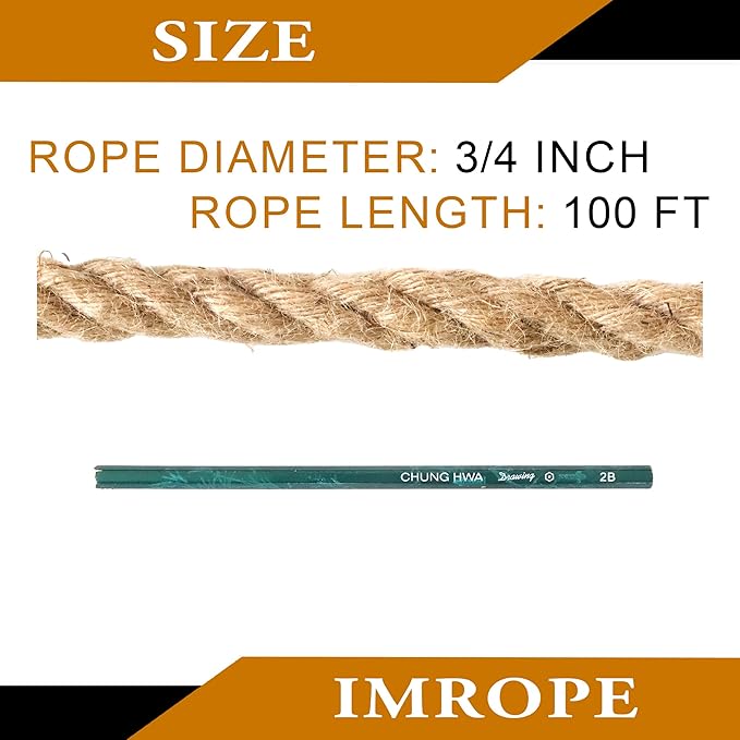 3/4 Inch Jute Rope 100 Ft, IMROPE Natural Rope Twisted 4 Strands for DIY Arts Crafts, Garden, Home Decorating, Hammock
