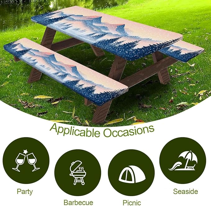 CAPSCEOLL Elastic Picnic Table Cover with Bench Covers 5Ft Waterproof Fitted Picnic Table Cover Cloths for Outdoors Camping Tablecloth with Drawstring Bag, 60X30in, Snow Mountain