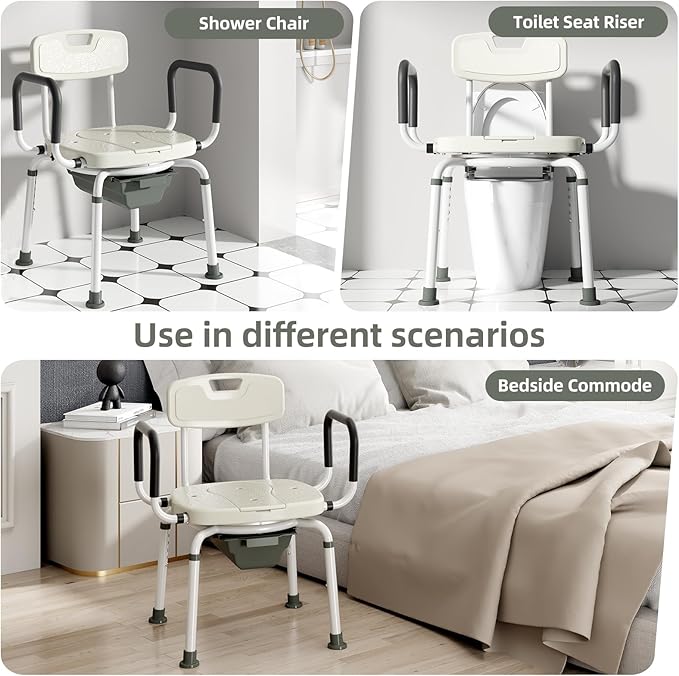 4 in 1 Bedside Commode for Seniors,Portable Toilet for Adults with Arms & Removable Bucket,Height Adjustable Commode Chair for Toilet,Swivel Shower Chair for Inside Shower for Handicapped, Adults