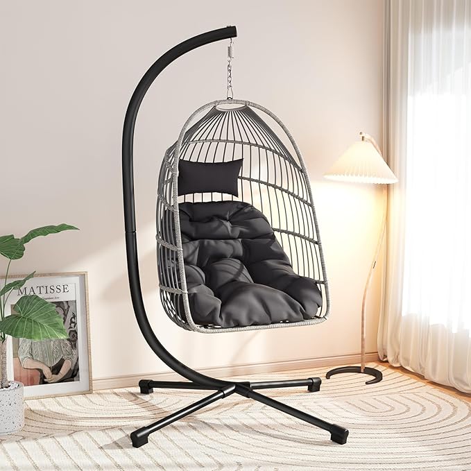 Foldable Hanging Egg Chair with Stand, HDPE Rattan and Heavy Duty Aluminum-Steel Frame, Outdoor Patio Wicker Swing Egg Chair with Headrest and Cushioned, 350 Lbs Capacity (Dark Grey)