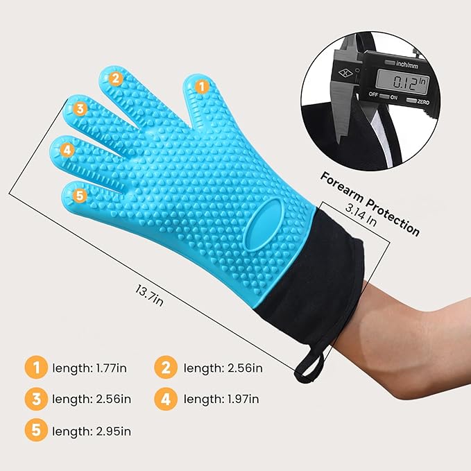 GEEKHOM BBQ Gloves, Grilling Gloves Heat Resistant Oven Gloves, Kitchen Silicone Oven Mitts, Long Waterproof Non-Slip Pot Holder for Barbecue, Cooking, Baking, Aqua Blue
