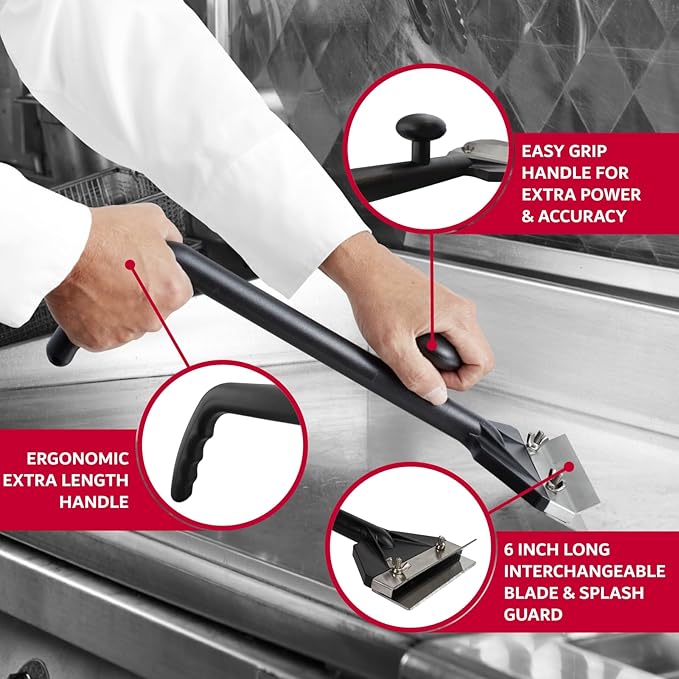Chef Master Griddle Scraper w/Replacement Blade & Grill Scrubber Combo, Commercial Flat Iron Grill Griddle Scraper for Home, Diner, Bar & Restaurant, Flat Top Iron & Blackstone Accessories - 90254