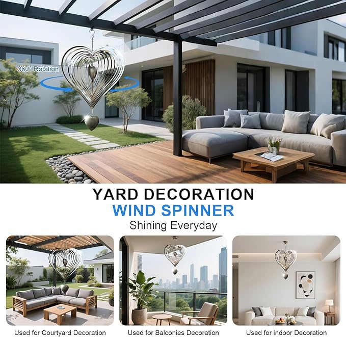 13in Wind Spinners Outdoor Silver Heart Metal Wind Spinners for Yard and Garden, Stainless Steel Hanging Wind Chimes for Outside Patio Art Decor Whirligig Gifts for Mom Gramother